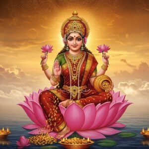 A serene depiction of Goddess Mahalakshmi, the epitome of wealth and prosperity, sitting gracefully on a blooming pink lotus. She has four hands; the upper right hand holding a lotus flower, symbolizing purity and beauty, the upper left hand holding a pot overflowing with gold coins, representing abundance and fortune, and the lower hands in Abhaya (protection) and Varada (blessing) mudras. Her resplendent saree is in shades of maroon and gold, adorned with intricate patterns reminiscent of traditional Indian art forms. Her crown and jewelry sparkle with divine radiance. Surrounding her are gentle waves of golden light and soft pastel clouds, with a warm, ethereal glow enveloping the scene. The background features a large, softly glowing mandala, enhancing the spiritual ambiance. The overall composition is a blend of traditional iconography with a modern digital aesthetic, using rich colors like saffron, peacock blue, and deep maroon.