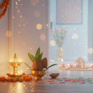 A serene and ethereal scene depicting a traditional Griha Pravesh ceremony in a modern Indian home. A beautifully decorated entrance with vibrant marigold garlands and a colorful rangoli design at the doorstep. In the foreground, a traditional brass kalash filled with water, mango leaves, and a coconut, symbolizing prosperity and purity. Soft, glowing lights illuminate the scene, creating an inviting and auspicious atmosphere. The walls are adorned with intricate Pattachitra patterns and a modern digital rendition of a Madhubani painting. A gentle pastel color palette with shades of soft blue, pale pink, and warm gold enhances the tranquil ambiance. The setting radiates harmony and mindfulness, inviting readers to explore the rich cultural heritage infused with contemporary aesthetics.