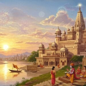 A breathtaking, digital illustration of the ancient city of Hastinapura, seamlessly blending its historical and mythological grandeur with a modern aesthetic. The foreground features the majestic river Ganges flowing serenely under a golden sunrise, symbolizing time's passage. In the mid-ground, an intricate Pattachitra-style representation of the grand palace stands tall, adorned with traditional motifs and patterns, surrounded by lush greenery. In the background, a modern skyline subtly emerges, reflecting Hastinapura's contemporary significance. The sky is painted in a soft pastel palette, with ethereal clouds and glowing mandalas symbolizing spirituality and mythology. Indian characters in traditional attire are seen engaging in scholarly discussions, blending past wisdom with present-day insights. The scene is vibrant yet tranquil, capturing the essence of history, mythology, and modern relevance.