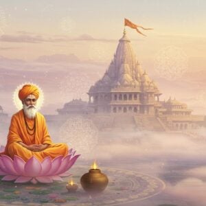 A serene depiction of the ancient city of Hastinapura, surrounded by ethereal, pastel-colored mist. In the foreground, a wise Indian sage in traditional attire, with a calm, contemplative expression, sits cross-legged on a lotus flower. His surroundings are adorned with glowing mandalas and intricate patterns reflecting the philosophy of dharma and karma. In the background, a grand temple rises majestically, its architecture combining elements of traditional Indian design with modern digital aesthetics. Soft golden light bathes the scene, creating an atmosphere of tranquility and timeless wisdom. The overall image balances heritage with innovation, captivating the viewer with its spiritual allure and inviting them to delve deeper into the teachings of ancient Indian philosophy.