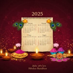 A beautifully intricate digital illustration of a Hindu calendar set against a rich, deep maroon background. The calendar is adorned with traditional Indian motifs such as lotus flowers, mandalas, and peacock feathers, in vibrant colors like gold, saffron, and peacock blue. Around the calendar, there are serene depictions of key Hindu festivals: a glowing diya for Diwali, a colorful rangoli pattern for Holi, and a sacred thread for Raksha Bandhan. Each festival is depicted with ethereal glowing lights and soft pastel hues, creating a harmonious blend of tradition and modern digital aesthetics. The scene exudes spirituality and tranquility, inviting the viewer to explore the rich tapestry of Hindu festivals in 2025.