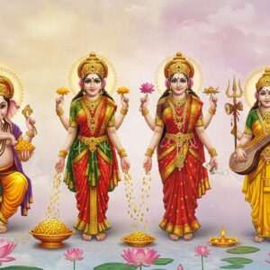 A serene, ethereal depiction of four prominent Hindu deities: Lord Ganesha, Goddess Lakshmi, Lord Shiva, and Goddess Saraswati, set against a backdrop of a softly glowing pastel-colored mandala. Lord Ganesha, with his elephant head and four arms, holds a lotus flower in one hand and a modak in another, symbolizing wisdom and prosperity. Goddess Lakshmi stands gracefully, with gold coins flowing from her hands, signifying wealth and abundance. Lord Shiva is depicted with his trident and a calm expression, representing transformation and peace. Goddess Saraswati is shown with a veena and a book, embodying knowledge and music. Each deity is adorned in vibrant, traditional attire with intricate patterns and jewelry, surrounded by a warm golden glow. The scene is complemented by lotus flowers and soft pastel clouds in the background, creating a peaceful yet captivating atmosphere. The art style combines traditional Indian motifs with modern digital aesthetics, emphasizing tranquility and spirituality.
