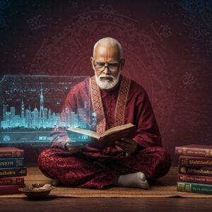 A wise, elderly Indian scholar sits cross-legged on a traditional woven mat, surrounded by ancient Hindu scriptures like the Manusmriti, Dharmashastra, and Arthashastra. The scholar wears a maroon robe with intricate gold patterns, and spectacles rest upon his nose as he reads. In front of him, a holographic projection displays a modern city skyline merging with the ancient wisdom of the texts. The backdrop is a blend of deep maroon and peacock blue hues, featuring subtle glowing mandalas and cultural motifs like lotus flowers and Hindu symbols. The atmosphere is serene yet intellectually stimulating, symbolizing the timelessness and modern relevance of Hindu law. Soft ambient lighting highlights the wisdom and tranquility of the scene.