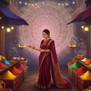 An intricately designed scene showcasing a vibrant Indian marketplace, bustling with colorful stalls filled with traditional festival samagri like marigold garlands, incense sticks, earthen lamps, and sacred powders in shades of saffron and vermilion. In the center, a serene Indian woman dressed in a beautiful maroon and peacock blue saree is thoughtfully selecting items. The backdrop features a large, glowing mandala with delicate patterns, symbolizing the spiritual essence of India's festivals. The atmosphere is lively yet tranquil, with soft glowing lights and pastel-colored decorations. This digital artwork blends traditional Indian art styles with a modern aesthetic, inviting viewers to immerse themselves in the rich cultural tapestry of India's 2025 festivals.