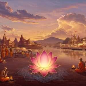 A stunning digital artwork showcasing India's sacred geography, featuring a majestic landscape that seamlessly blends traditional and modern aesthetics. The scene includes a panoramic view of iconic pilgrimage sites such as the ghats of Varanasi, the towering temples of Tirupati, and the serene banks of the Ganges River. In the foreground, an intricately detailed lotus flower glows softly, surrounded by a delicate mandala pattern. The colors are rich and deep, with hues of maroon, saffron, peacock blue, and gold, creating a warm, inviting ambiance. In the sky, ethereal pastel clouds drift softly, casting a gentle glow over the landscape. Indian pilgrims in traditional attire are depicted in graceful poses, engaging in prayer and reflection. The overall atmosphere is one of tranquility and reverence, evoking a sense of spiritual harmony and connection to India's divine heritage.