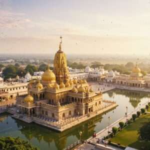 A breathtaking aerial view of a sacred Indian landscape, showcasing a harmonious blend of ancient and modern elements. In the foreground, an intricately detailed temple with golden domes and spires, surrounded by lush greenery and serene water bodies reflecting the temple's grandeur. In the background, a vast expanse of land dotted with other revered holy sites like shrines and ashrams, depicted in rich colors such as saffron and maroon. The sky is filled with a soft glow of pastel hues, creating an ethereal ambiance. The scene is adorned with subtle cultural motifs like mandalas and lotus flowers, adding depth and spiritual significance. The art style combines traditional Indian aesthetics with modern digital techniques, captivating the viewer with its serene beauty and inviting them to explore India's sacred geography further.