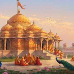 A serene and ethereal depiction of Janakpur, showcasing the grandeur of Janaki Mandir, a majestic temple dedicated to Goddess Sita. The temple stands prominently with its intricate architectural details and domed structure, adorned with vibrant motifs in rich gold, saffron, and maroon hues. In the foreground, a tranquil scene unfolds with a group of Indian pilgrims in traditional attire, engaged in prayer and devotion. Soft, glowing lights illuminate the temple and the devotees, casting a warm and spiritual glow. Surrounding the temple are lush gardens with blooming lotus flowers and peacock blue peacocks gracefully wandering. The sky is a pastel palette of soft blues and warm golds, enhancing the spiritual ambiance. The overall composition exudes a sense of peace, cultural richness, and divine connection, inviting viewers into the heart of Hindu traditions and heritage.