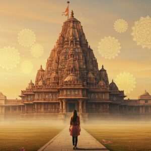 A serene landscape depicting a spiritual journey in India: An Indian woman in modern attire stands on a pathway leading to a majestic temple complex, reminiscent of intricate Pattachitra art. The temple, adorned with vibrant maroon and gold patterns, towers against a saffron-hued sky. Lotus flowers and glowing mandalas float gently in the air, casting a warm, ethereal light over the scene. Soft pastel colors, like peacock blue and pale pink, create a tranquil atmosphere. The woman gazes upwards, her face illuminated with a sense of wonder and purpose. The image balances traditional Indian art with modern digital aesthetics, inviting viewers into a world of cultural richness and spiritual exploration.