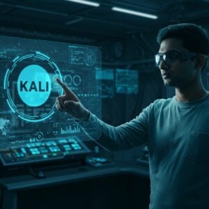 A futuristic, sleek digital workspace with a holographic interface displaying the Kali Linux logo prominently at the center. The background features a high-tech control room with large screens showcasing complex data, network maps, and cybersecurity tools. The color palette includes deep blues, metallic grays, and neon greens to convey a sense of advanced technology and innovation. In the foreground, an Indian tech professional with focused expression is interacting with the holographic elements, wearing modern smart glasses and minimalist tech attire. The scene is illuminated with a soft, futuristic glow, highlighting the modern digital aesthetics and creating an atmosphere of cutting-edge cyber exploration and mastery.