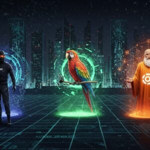 A futuristic digital landscape showcasing three personified avatars representing Kali Linux, Parrot OS, and Ubuntu, each embodying their unique attributes. Kali Linux is depicted as a vigilant, sleek cyber warrior with a dark, stealthy aesthetic, standing poised in a digital grid environment filled with glowing green code streams. Parrot OS appears as a vibrant and dynamic cybernetic parrot perched on a digital branch, surrounded by swirling neon data streams in shades of blue and green. Ubuntu is represented as a serene, wise sage with an aura of warmth and inclusivity, enveloped in an orange and purple digital mist with interconnected nodes symbolizing community and collaboration. The scene is set against a backdrop of a vast digital cityscape of 2025, with towering skyscrapers made of translucent circuit boards and holographic displays. Soft glowing lights and a balance of modern digital aesthetics with intricate patterns create a captivating and engaging image.