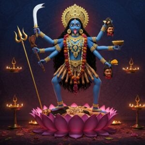 A striking image of Goddess Kali standing powerfully on a lotus pedestal, surrounded by a glowing aura. Her four arms are adorned with gold bangles, each holding symbolic items: a sword in the top left hand, a severed head in the top right, a trident in the bottom left, and a bowl in the bottom right. Her skin is midnight blue, and her eyes are fierce yet compassionate. She wears a garland of skulls and a skirt of severed arms. The background features intricate patterns reminiscent of Madhubani art with modern digital touches, in deep maroon and peacock blue hues. Soft, ethereal light surrounds her, creating an aura of divinity and strength. The scene includes elements like glowing mandalas and lotus flowers, adding to the spiritual ambiance. The setting is serene yet powerful, capturing the essence of Kali Puja in a modern aesthetic.