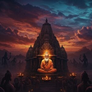 A powerful depiction of Kali Yuga, the Age of Strife in Hinduism, characterized by a dramatic, ethereal landscape. The scene is set in a twilight atmosphere with deep maroon and peacock blue skies swirling with chaotic clouds. In the foreground, an ancient, intricately carved temple emerges, its surface illuminated by the soft, warm glow of candle lights. The temple is adorned with lotus motifs and spiritual symbols. Surrounding the temple are shadowy figures representing strife and turmoil, depicted with a modern digital aesthetic that combines traditional Indian art patterns. In the center, a serene Indian sage with calm expression meditates amidst the chaos, emanating a tranquil golden aura. The art style merges traditional with modern digital aesthetics, evoking both the mystique and intensity of Kali Yuga while emphasizing tranquility and mindfulness.
