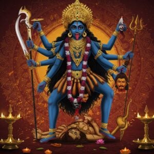 An awe-inspiring depiction of Goddess Kali in a modern digital art style, blending traditional Indian elements with contemporary aesthetics. She stands in a powerful stance, with her dark blue skin contrasting against a vibrant maroon and gold background. Kali has four arms, each holding symbolic items: a sword, a severed head, a trident, and a mudra of blessing. Her eyes are fierce yet compassionate, with her tongue outstretched in defiance. She wears a garland of skulls and a skirt of severed arms, symbolizing her victory over evil. Surrounding her are ethereal, glowing mandalas and lotus flowers, with peacock blue and saffron hues illuminating the scene. The setting is both mystical and serene, with a subtle blend of traditional Indian patterns and modern digital effects. The artwork captures the essence of Kali’s power and her role in popular culture, drawing the viewer into a world where ancient spirituality meets modern interpretation.