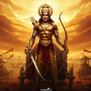 An imposing and regal portrayal of Karna, the legendary warrior from the Mahabharata, standing tall with his chariot and armor gleaming in a warm, golden light. His visage is noble and determined, adorned with a radiant golden crown. Karna holds his mighty bow, Vijaya, in his left hand, with his right hand resting confidently on the hilt of a sword. The background features a grand battlefield with chariots and warriors in dynamic, action-packed poses. The sky is a dramatic blend of saffron and maroon hues, symbolizing both the chaos and valor of war. Intricate patterns resembling traditional Indian art motifs subtly frame the scene, adding depth and cultural richness. The overall style merges hyperrealistic digital aesthetics with the essence of ancient Indian art, capturing the duality of myth and reality in Karna’s story.