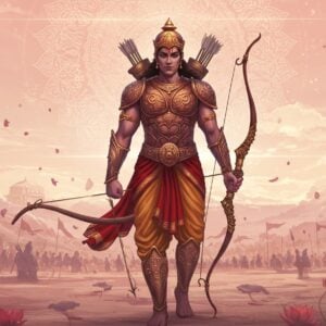 A striking depiction of Karna, the legendary warrior from the Mahabharata, standing tall in a contemporary digital art style that merges traditional Indian elements with modern aesthetics. Karna is adorned in intricate armor with motifs inspired by Madhubani and Phad art, shimmering in hues of maroon and gold. His divine earrings (Kundalas) and armor gleam under a soft, ethereal light. He holds his iconic bow, Vijaya, in one hand, with the other hand gracefully extended as if offering a blessing. The background is a surreal blend of a battlefield and serene landscape with glowing mandalas and lotus flowers subtly incorporated, symbolizing his complex nature. The scene is set in a soft pastel palette, with warm gold and peacock blue highlights, creating an aura of both strength and tranquility. This captivating image captures Karna's dual legacy of valor and sacrifice, inviting viewers to delve deeper into his story in popular culture.