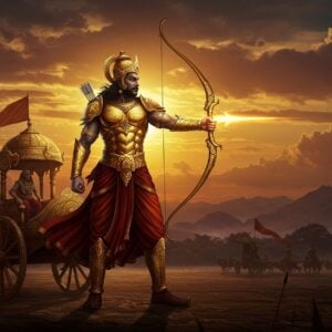 An imposing depiction of Karna, the legendary warrior from the Mahabharata, standing majestically on a battlefield. He is adorned in intricately detailed golden armor that reflects the sun's rays, with a crown on his head. Karna is wielding his celestial bow, Vijaya, in his left hand, poised to shoot a powerful arrow with a radiant aura. His chariot, driven by Shalya, is visible behind him, decorated with motifs of lotus flowers and peacock feathers. The backdrop showcases a dramatic landscape with swirling clouds and distant mountains, evoking a sense of grandeur and epic history. Rich hues of maroon, saffron, and deep blue dominate the scene, enhanced by ethereal lighting that captures the essence of valor and legacy. This artwork merges traditional Indian art elements with modern digital aesthetics, creating a captivating and timeless visual narrative.