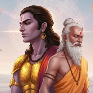 In a serene and ethereal landscape, the powerful figure of Karna, the legendary warrior of the Mahabharata, stands in deep contemplation. He is depicted with his iconic golden armor and earrings, a gift from his divine father, the Sun God. Beside him stands his esteemed guru, Parashurama, a sage of immense wisdom and power, with a peaceful demeanor and traditional attire that blends with the modern digital aesthetic. The background features a glowing mandala symbolizing knowledge and enlightenment, with soft pastel hues of blue and pink creating a tranquil atmosphere. Subtle elements like ancient scrolls and spiritual symbols float around them, capturing the essence of their training sessions. The scene is rich in cultural motifs and intricate patterns, harmonizing traditional Indian art forms with contemporary digital design, inviting viewers into Karna's legendary journey of mentorship and self-discovery.