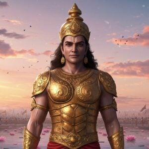 An awe-inspiring depiction of Karna, the legendary warrior from the Mahabharata, standing tall and regal with his Kavach (armor) and Kundal (earrings) gleaming in the soft, ethereal light. His armor is intricately designed with ancient Indian motifs and appears to be made of a mystical, golden metal that radiates a warm glow. The earrings, large and ornate, hang gracefully from his ears, casting a serene aura around him. Karna is shown against a backdrop of a grand battlefield under a twilight sky, with clouds tinted in pastel hues of pink and gold. In the foreground, delicate lotus petals float gently on the calm surface of a small pond, enhancing the spiritual and tranquil ambiance. The scene combines traditional Indian art elements with modern digital aesthetics, capturing the essence of Karna's divine origin and unwavering resolve. The focus is on the harmony between strength and serenity, creating a captivating visual narrative that invites viewers to delve into his story.