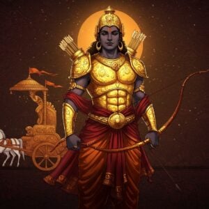 An imposing and regal depiction of Karna, the legendary warrior from the Mahabharata, standing tall in traditional Indian warrior attire with golden armor that glows in a warm, ethereal light. He is shown with his iconic earrings and armor gifted by the Sun God, Surya. Karna holds a bow in one hand, symbolizing his prowess as an archer, with an arrow poised and ready. The backdrop is a rich tapestry of deep maroon and peacock blue, intricately patterned with motifs of lotus flowers and celestial symbols. His chariot is subtly visible in the background, drawn by magnificent white horses. The scene radiates a sense of nobility, strength, and poignant tragedy, capturing Karna's multifaceted nature. The art style merges the traditional Pattachitra patterns with modern digital illustration techniques, resulting in a vibrant, captivating image that blends heritage with a contemporary aesthetic.