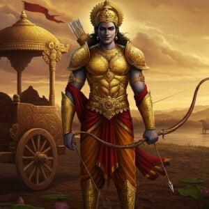 A striking digital illustration of Karna, the legendary warrior from the Mahabharata, depicted in a modern yet traditional Indian art style. He stands with a resolute expression, his chariot and the vast battlefield of Kurukshetra in the background, under a sky painted with hues of maroon and saffron. Karna is adorned in golden armor, intricately detailed with motifs of lotus flowers and mandalas. His celestial armor and earrings glisten in the soft, ethereal light. In one hand, he holds his powerful bow, Vijaya, while his other hand rests on his chariot wheel, symbolizing his unwavering duty. The scene captures an air of contemplation and destiny, with subtle elements like a lotus pond in the foreground and a serene river flowing in the distance. The lighting is soft yet dramatic, casting a warm glow that emphasizes the spiritual and introspective theme of wisdom and regret.