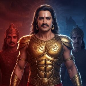 A powerful and dynamic scene depicting Karna, the legendary warrior from the Mahabharata, standing tall and resolute in ornate armor, with his golden breastplate and earrings gleaming under a mystical light. On one side, his close friend Duryodhana stands beside him, sharing a bond of loyalty and camaraderie, both adorned in regal attire. Opposite them, a tense atmosphere surrounds his brothers, the Pandavas, showing the complexity of familial ties with expressions of conflict and rivalry. In the background, the ethereal landscape of ancient Hastinapura unfolds with deep, rich colors like maroon and peacock blue, accented with intricate patterns reminiscent of traditional Indian art forms. The art style merges heritage with digital innovation, creating an image that is both spiritually resonant and aesthetically captivating, inviting readers to delve into Karna's intricate relationships.