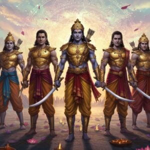 A powerful and evocative scene depicting the sons of Karna, prominent figures from the Mahabharata, standing together in a vibrant, digitally rendered landscape. Each son is adorned in traditional warrior attire, with intricate armor featuring gold and peacock blue accents, symbolizing their royal lineage. They are shown holding various weapons like swords and bows, representing their warrior heritage. The background features a large, ethereal mandala with glowing lights and soft pastel colors, creating a spiritual atmosphere. Lotus flowers and subtle Hindu motifs float around them, emphasizing their cultural significance. The lighting is serene and otherworldly, casting a warm glow that highlights their determined expressions and the legacy they carry forward. The overall aesthetic merges the essence of ancient Indian art with a contemporary digital style, making it visually captivating and deeply connected to their story.