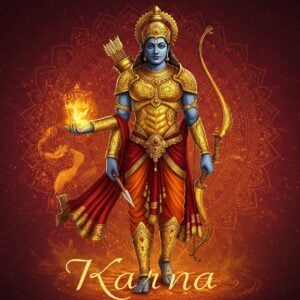A regal depiction of Karna, the legendary warrior from the Mahabharata, standing valiantly in the center of the scene. His golden armor gleams under a surreal, ethereal light, with intricate patterns reflecting traditional Indian motifs. Karna's face is calm yet determined, embodying the essence of charity and inner conflict. He holds his divine bow in one hand, while the other hand extends outward in a gesture of giving. Surrounding him are symbolic elements like a chariot wheel and celestial lotus flowers, subtly illustrating his complex legacy. The background features a mesmerizing blend of deep maroon and saffron hues, with delicate mandalas radiating from behind, adding to the spiritual aura. The overall art style is a fusion of traditional Madhubani with modern digital aesthetics, creating a captivating and culturally rich image that draws readers into the narrative of Karna's life.
