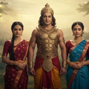 A serene yet captivating scene showcasing Karna, the legendary warrior from Mahabharata, standing majestically in traditional armor with his divine golden earrings and armor. Beside him, his two wives, Vrushali and Supriya, in elegant, intricately designed sarees of maroon and peacock blue, adorned with delicate gold jewelry. They stand on either side of Karna, symbolizing their influential roles in his life. The background features a lush, ethereal landscape with a soft, glowing light that bathes the scene in warmth, highlighting the intricate patterns on their attire and the subtle expressions of strength and grace on their faces. The atmosphere conveys a sense of historical grandeur merged with modern digital aesthetics, drawing on elements of Madhubani and Pattachitra art styles with deep, rich colors and detailed patterns. The overall tone is one of harmony and profound connection, inviting viewers into a deeper understanding of their lives and impact.