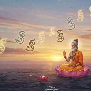 A serene, ethereal scene of an ancient Tamil scholar, dressed in traditional attire with a peaceful expression, sitting cross-legged on a soft, glowing lotus flower. He is surrounded by floating, luminous Tamil script in the air, symbolizing the verses of the Divya Prabandham. The background features a tranquil, pastel-colored sky with a soft, warm golden glow emanating from a distant mandala. Intricate patterns and motifs inspired by Madhubani and Pattachitra art subtly adorn the scene. The atmosphere is spiritual and inviting, encouraging exploration and mindfulness. The overall aesthetic is a harmonious blend of heritage and modern digital art.