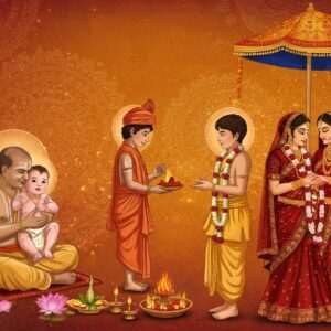 A vibrant and harmonious depiction of an Indian family's journey through life's sacred milestones. The scene begins with a serene Namakarana ceremony, where a baby is gently held by a priest, surrounded by softly glowing mandalas and pastel lotus flowers, symbolizing purity and new beginnings. Transitioning to a lively Upanayana ritual, a young boy dressed in traditional attire receives blessings amidst a background of saffron and maroon hues with intricate patterns reminiscent of Madhubani art. Finally, the Vivaha Samskara is celebrated with a couple adorned in exquisite maroon and gold bridal attire, exchanging garlands under a canopy of peacock blue and gold, with ethereal soft lighting enhancing the spiritual atmosphere. The entire scene is interwoven with cultural motifs and spiritual symbols, capturing the essence of these timeless traditions in a modern digital art style that merges the rich heritage of Indian rituals with contemporary aesthetics.