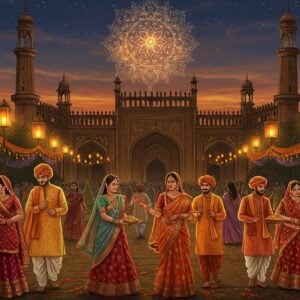 A bustling scene from a Lucknow festival, set in the heart of the city with a backdrop of an intricately designed, illuminated Mughal architectural monument. The foreground showcases a vibrant display of traditional Indian attire, with men and women adorned in colorful kurta pajamas and sarees in shades of gold, saffron, and peacock blue. They are engaged in festive activities like dancing and exchanging sweets. Intricate henna designs are visible on the women's hands, and marigold garlands decorate the surroundings. The atmosphere is enriched with glowing lanterns and strings of lights, casting a warm, golden glow over the scene. In the sky above, a large, glowing mandala adds a touch of modernity, symbolizing unity and faith. The art style is a fusion of traditional Indian art forms with modern digital aesthetics, capturing the essence of Lucknow's cultural heritage and contemporary spirit.