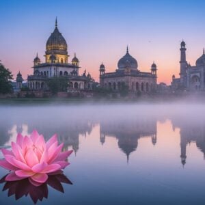 An enchanting depiction of Lucknow's secret spiritual sites, featuring a serene twilight scene with ethereal pastel colors. In the foreground, a beautifully intricate lotus flower glows softly, set against a tranquil water surface reflecting the hues of the evening sky. Beyond, a secluded temple emerges with exquisite carvings and golden accents, surrounded by lush greenery. A gentle mist envelops the scene, creating a mystical atmosphere. Nearby, a traditional mosque stands gracefully, its minarets silhouetted against a soft blue and pink sky. The scene embodies tranquility, harmony, and the allure of hidden spiritual treasures in Lucknow, capturing the viewer's imagination and inviting them on a journey off the beaten path.