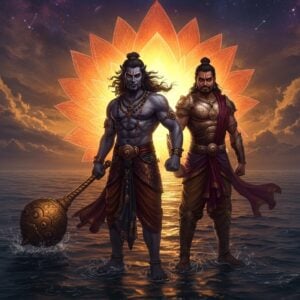 A dramatic and ethereal scene depicting the Hindu mythological demons Madhu and Kaitabha. Madhu is portrayed as a powerful, muscular figure with dark, swirling hair, adorned in traditional warrior attire with intricate patterns and motifs. He holds a large, ornate mace in one hand, its head glowing with an otherworldly aura. Kaitabha stands beside him, equally formidable, with fierce eyes and a commanding stance, wearing armor embellished with golden accents and a deep maroon sash. The backdrop is a cosmic ocean, with swirling clouds and faint constellations visible in the sky. The scene is illuminated by a mystical, warm glow emanating from a massive lotus flower floating on the water's surface, symbolizing the divine presence of Lord Vishnu. The art style combines traditional Indian art forms with modern digital aesthetics, using deep colors like saffron and peacock blue, while capturing the sense of an ancient and epic story.