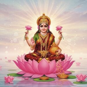 A serene, ethereal depiction of Goddess Mahalakshmi seated gracefully on a pink lotus amidst calm, shimmering waters. She has four hands; one holding a golden pot of coins, another bestowing blessings with an open palm, and the other two holding lotus flowers. Her attire is a blend of deep maroon and rich gold, adorned with intricate traditional patterns that reflect Madhubani and Pattachitra styles. The background features a soft pastel-colored sky with gentle, glowing mandalas and floating lotus petals, creating a tranquil atmosphere. Subtle rays of warm, golden light radiate from behind her, adding an aura of divinity. The scene captures the essence of wealth, prosperity, and spiritual harmony, blending traditional Indian aesthetics with modern digital artistry.