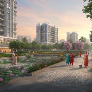 A modern, vibrant urban landscape of Mahalakshmi Layout in Bangalore, set in 2025. The scene showcases a harmonious blend of futuristic architecture with traditional Indian elements, reflecting growth and prosperity. High-rise buildings with sleek glass facades stand alongside green parks filled with lotus ponds and intricate mandala patterns etched into walkways. There are people of diverse backgrounds, dressed in contemporary Indian fashion, engaging in activities like jogging, walking dogs, and enjoying street food from colorful stalls. The atmosphere is lively yet serene, with soft pastel skies hinting at early morning or dusk. Emphasize a digital art style that combines the vibrancy and richness of traditional Indian aesthetics with modern digital innovation.