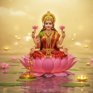 In a serene, ethereal landscape bathed in soft, golden light, the goddess Mahalakshmi is depicted with four arms, seated gracefully on a blooming pink lotus floating on a calm, reflective water surface. Her upper right hand holds a gold coin that cascades into an endless shower of coins, symbolizing abundance. The upper left hand holds a lotus flower, signifying purity and beauty. The lower right hand is in the Abhaya Mudra, offering protection and assurance, while the lower left hand is in the Varada Mudra, bestowing blessings. She is adorned with intricate gold jewelry and a vibrant red saree with gold embellishments. Surrounding her are delicate floating mandalas and glowing lotus flowers, with peacock blue and saffron hues accentuating the scene. The atmosphere exudes tranquility, spirituality, and prosperity, with a modern digital aesthetic that incorporates traditional Indian art forms.
