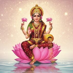 A serene and ethereal depiction of Goddess Mahalakshmi, seated on a blooming lotus flower floating on calm, shimmering water. She has four arms, holding a lotus in one hand, a golden pot overflowing with coins in another, and the other two hands are in blessing and protective mudras. Her aura is surrounded by a soft, glowing light, and she is adorned with intricate gold jewelry and a resplendent silk saree in rich maroon and peacock blue hues. The background features a radiant, golden mandala with subtle, swirling patterns symbolizing prosperity and abundance. The atmosphere conveys tranquility and divinity, with pastel pink and warm gold tones enhancing the spiritual ambiance. The art style merges traditional Indian aesthetics with modern digital techniques, creating an image that is both visually captivating and deeply respectful of cultural symbolism.