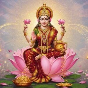 A serene and ethereal depiction of Goddess Mahalakshmi, the Hindu Goddess of wealth and prosperity, seated gracefully on a large, blooming lotus flower. She is adorned in an intricate, maroon saree with gold embroidery and bedecked with ornate gold jewelry, including a crown, necklaces, and bangles. Mahalakshmi has four arms; in her upper right hand, she holds a golden lotus, and her lower right hand is in the Abhayamudra (gesture of reassurance), while her upper left hand holds a pot of gold coins, and her lower left hand showers coins. The background features a radiant, golden mandala surrounded by glowing pastel blue and pink hues. Gentle streams of golden light and floating lotus petals add to the divine atmosphere. The scene blends traditional Indian art with modern digital aesthetics, emphasizing tranquility, abundance, and spiritual beauty.
