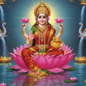 A majestic portrayal of Goddess Mahalakshmi seated on a blooming lotus, with four hands holding significant items: a lotus in the upper right hand symbolizing purity, a conch shell in the upper left hand representing the cosmic sound, a pot of gold coins in the lower left hand signifying prosperity, and the lower right hand in a blessing gesture. Her visage is serene and motherly, adorned with a radiant gold crown and intricate jewelry. She is draped in a flowing red saree with golden embroidery. The backdrop features an ethereal glow with pastel hues of soft blue and warm gold, enhancing the divine aura. The scene is infused with traditional motifs like elephants showering water, symbolizing abundance and auspiciousness, set against a serene water surface reflecting her image. The art style blends traditional Indian aesthetics with modern digital techniques, creating a harmonious balance between heritage and innovation.