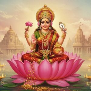 A stunning digital illustration of the goddess Mahalakshmi, resplendent in traditional Indian attire, seated on a large, blooming pink lotus. She is adorned with rich gold jewelry and an ornate crown, with four arms holding a lotus, a conch, a pot of gold coins, and a gesture of blessing. Her serene expression embodies grace and prosperity. The background features a blend of ethereal pastel hues and faint silhouettes of famous Mahalakshmi temples across India, such as the Mumbai Mahalaxmi Temple and Kolhapur Mahalaxmi Temple, creating a spiritual and enlightening atmosphere. The scene is illuminated with a warm, golden glow, accentuating the divine and tranquil ambiance. The art style merges traditional Indian art elements with modern digital aesthetics, ensuring cultural richness with contemporary appeal.
