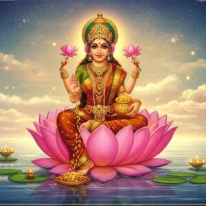 An ethereal depiction of Goddess Mahalakshmi, seated gracefully on a large lotus flower floating on serene, glowing waters. She is adorned in a resplendent saree of saffron and maroon, with intricate gold jewelry that gleams softly. The goddess has four hands: one holding a lotus, another a pot of gold coins, the third bestowing blessings, and the fourth holding a symbol of prosperity. Her divine aura is surrounded by a halo of soft, golden light. The background features a rich tapestry of peacock blue and gold patterns, inspired by Madhubani and Pattachitra art styles. Delicate mandalas and lotus motifs float around, enhancing the spiritual ambiance. The scene is tranquil, with pastel-colored clouds and a warm glow illuminating the setting, capturing both the traditional and modern digital aesthetics, inviting readers to explore the significance and rituals of Mahalakshmi Vrat.