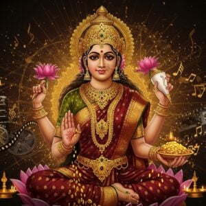 A stunning depiction of Goddess Mahalakshmi in a modern digital art style. She is portrayed with four arms, each holding a symbolic item: a lotus, a conch, a gold coin, and a mace. She is dressed in a rich maroon saree adorned with intricate golden patterns and traditional jewelry. Her serene face exudes grace and prosperity. Surrounding her are elements of modern culture like abstract digital patterns, film reels, and musical notes subtly integrated into the background. The color palette features deep golds, maroons, and peacock blues with soft glowing lights to create an ethereal and surreal atmosphere. The scene is both majestic and contemporary, capturing the essence of Mahalakshmi in today's cultural context.