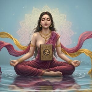 An ethereal Indian woman seated in a serene lotus position amidst a tranquil water surface, her eyes gently closed in meditation. She is enveloped by softly glowing pastel mandalas and gentle, flowing strands of gold and maroon fabric that swirl around her, symbolizing peace and mindfulness. In her lap, she holds an intricately designed Matrika Diary, its cover adorned with traditional motifs and spiritual symbols like the Om and lotus. The scene is bathed in soft, warm light, creating a halo effect around the woman, emphasizing tranquility and spiritual introspection. The color palette includes soft blue, pale pink, and warm gold to convey serenity. The art style should be modern yet infused with traditional Indian art aesthetics, blending digital finesse with cultural depth.