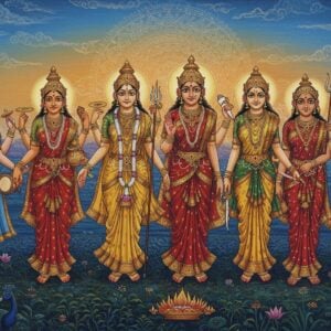 A captivating depiction of the Sapta Matrikas, seven powerful mother goddesses, standing in a mystical arrangement. Each goddess is adorned in traditional attire, with distinct attributes and weapons: Brahmani with a water pot and sacred thread, Vaishnavi with a conch and discus, Maheshwari holding a trident and drum, Indrani with a thunderbolt and elephant goad, Kaumari brandishing a spear, Varahi with a ploughshare and sword, and Chamunda holding a skull bowl and sword. They stand in a serene yet powerful formation amidst a lush landscape of peacock blue and saffron hues. The background features a glowing mandala and soft pastel clouds, enhancing the ethereal ambiance. The intricate patterns on their attire reflect the fusion of Madhubani and Pattachitra art styles, with gold and maroon highlights adding depth. The overall tone is spiritual and mystical, inviting the viewer into the rich symbolism of these divine figures.