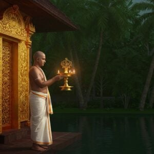 A serene, ethereal depiction of a Melsanthi, a head priest in a Kerala temple, performing a sacred ritual. The Melsanthi is an Indian man dressed in traditional white kasavu mundu and a gold-bordered shawl draped over his shoulder. He is standing gracefully before an intricately carved, golden temple entrance adorned with lotus motifs and traditional Kerala architecture. In his hands, he holds a glowing brass lamp, the light casting a warm, spiritual glow on his face. The background features lush green palm trees and a calm water surface, reflecting the peaceful ambiance of the temple surroundings. The color palette includes rich maroons, golds, and deep greens, creating a harmonious blend of tradition and modern digital aesthetics. The scene embodies tranquility and devotion, drawing readers into the mystical world of Kerala temples.