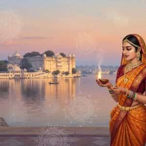 A breathtaking scene depicting the serene beauty of Udaipur, with the majestic City Palace and Lake Pichola in the background, bathed in the soft glow of a setting sun. In the foreground, an intricately detailed Indian woman in traditional Rajasthani attire stands gracefully, her saree shimmering in hues of saffron and maroon, adorned with delicate gold jewelry. She holds a diya (oil lamp) that casts a warm, spiritual light, highlighting her serene expression. The surrounding atmosphere is infused with ethereal pastel colors, featuring glowing mandalas and lotus motifs gently floating in the air, adding a touch of surrealism. The art style combines elements of traditional Indian art with a modern digital aesthetic, embodying a sense of tranquility and spiritual heritage.