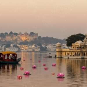 A serene depiction of Udaipur's spiritual landscape, showcasing the iconic Lake Pichola under a soft, pastel twilight sky. In the foreground, an intricately detailed traditional boat glides gently on the water, reflecting the shimmering lights of the City Palace in the background. The scene is adorned with glowing lotus flowers floating gracefully on the lake's surface, symbolizing purity and spirituality. To the side, an ancient temple emerges, its architecture adorned with subtle gold and saffron accents, exuding an aura of sacred history. The atmosphere is ethereal, with a gentle glow emanating from the mandalas subtly visible in the sky. The color palette incorporates warm golds, deep maroons, and peacock blues, creating a harmonious balance between heritage and modern digital aesthetics.