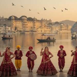 A captivating scene of Udaipur's City Palace, set against the backdrop of a serene Lake Pichola at sunrise. The palace is illuminated with a warm, golden glow, reflecting its intricate architecture in the tranquil waters. Traditional Indian boats gently glide across the lake, their sails adorned with patterns inspired by Madhubani and Pattachitra art forms. In the foreground, a group of Indian men and women in vibrant Rajasthani attire, with deep maroon and peacock blue hues, are engaged in a traditional dance, their movements fluid and graceful. They wear ornate jewelry and the air is filled with a sense of spiritual celebration. The sky is painted in soft pastels, with hints of saffron and pale pink, as birds soar gracefully overhead. This ethereal scene embodies Udaipur's rich cultural heritage and spiritual legacy, merging tradition with modern digital aesthetics.