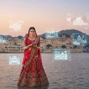 A stunning depiction of Udaipur's City Palace set against the serene waters of Lake Pichola, illuminated by the soft glow of a pastel sunset. The foreground features a blend of traditional Rajasthani elements like a beautifully adorned woman in an ornate lehenga, intricately designed with mandala and peacock motifs, standing gracefully with a modern digital device in hand. Surrounding her are digital holograms showcasing historical moments and modern innovations of Udaipur, highlighting the city's journey into 2025. The sky is filled with ethereal pastel hues, creating a tranquil atmosphere. The art style merges traditional Indian aesthetics with a contemporary digital twist, reflecting the harmony of tradition and modernity.