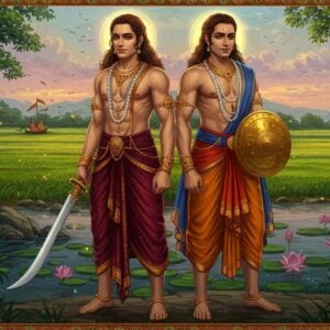 Two striking Indian twin warriors, Nakula and Sahadeva, stand side by side in a dramatic landscape inspired by the Mahabharata. Nakula, with his long, flowing hair, is dressed in a vibrant maroon and gold traditional dhoti, holding a gleaming sword with peacock motifs. Sahadeva, with a calm demeanor, wears a saffron and blue attire, holding a golden shield embossed with intricate patterns. The background features a rich tapestry of mythical scenes depicted in the style of Pattachitra art, with lush green fields and a serene river flowing gently. The sky is painted in soft pastels with hints of glowing mandalas and ethereal lights. The scene is steeped in spiritual symbolism with lotus flowers floating on the water and subtle Hindu spiritual symbols enhancing the ambiance. The art style blends traditional Indian art forms with modern digital aesthetics, balancing heritage with innovation.